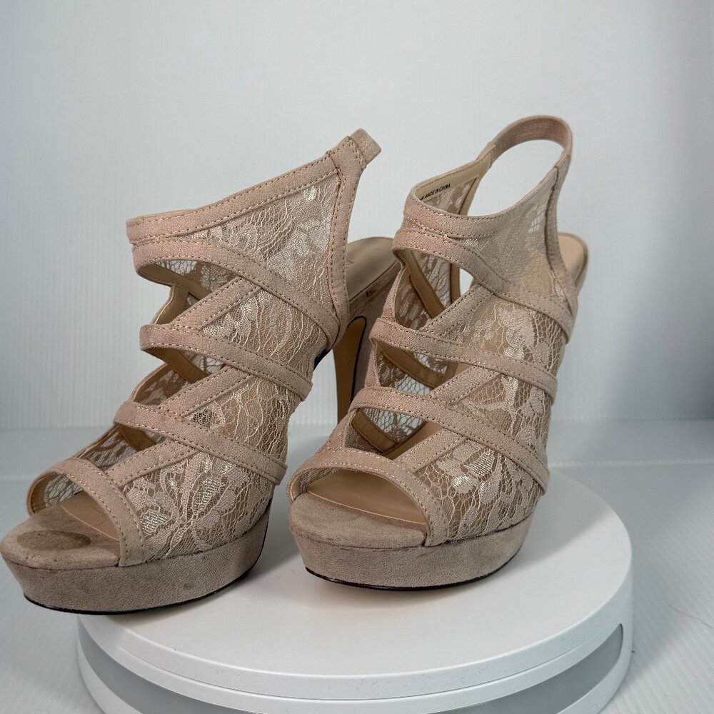 Nine West Dareme Platform Slingback Heels Womens 7.5M Nude Blush Lace Peep Toe